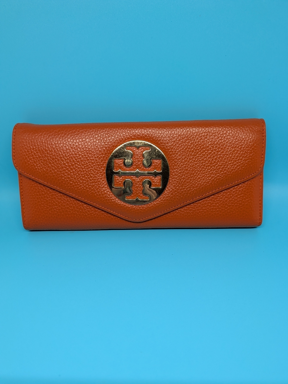 Tory Burch Orange Pebbled Leather Logo Envelope Wallet